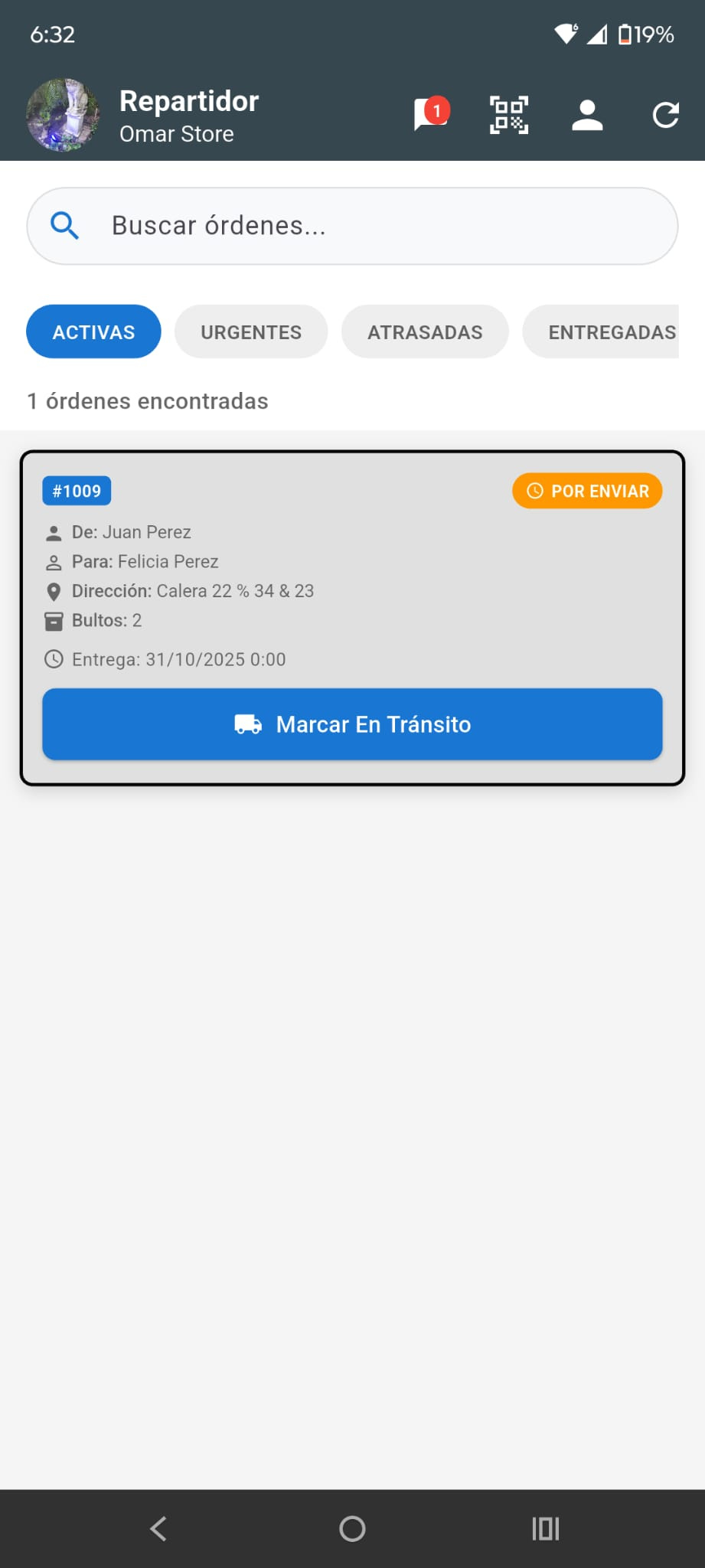 App Repartidor - Pantalla Principal